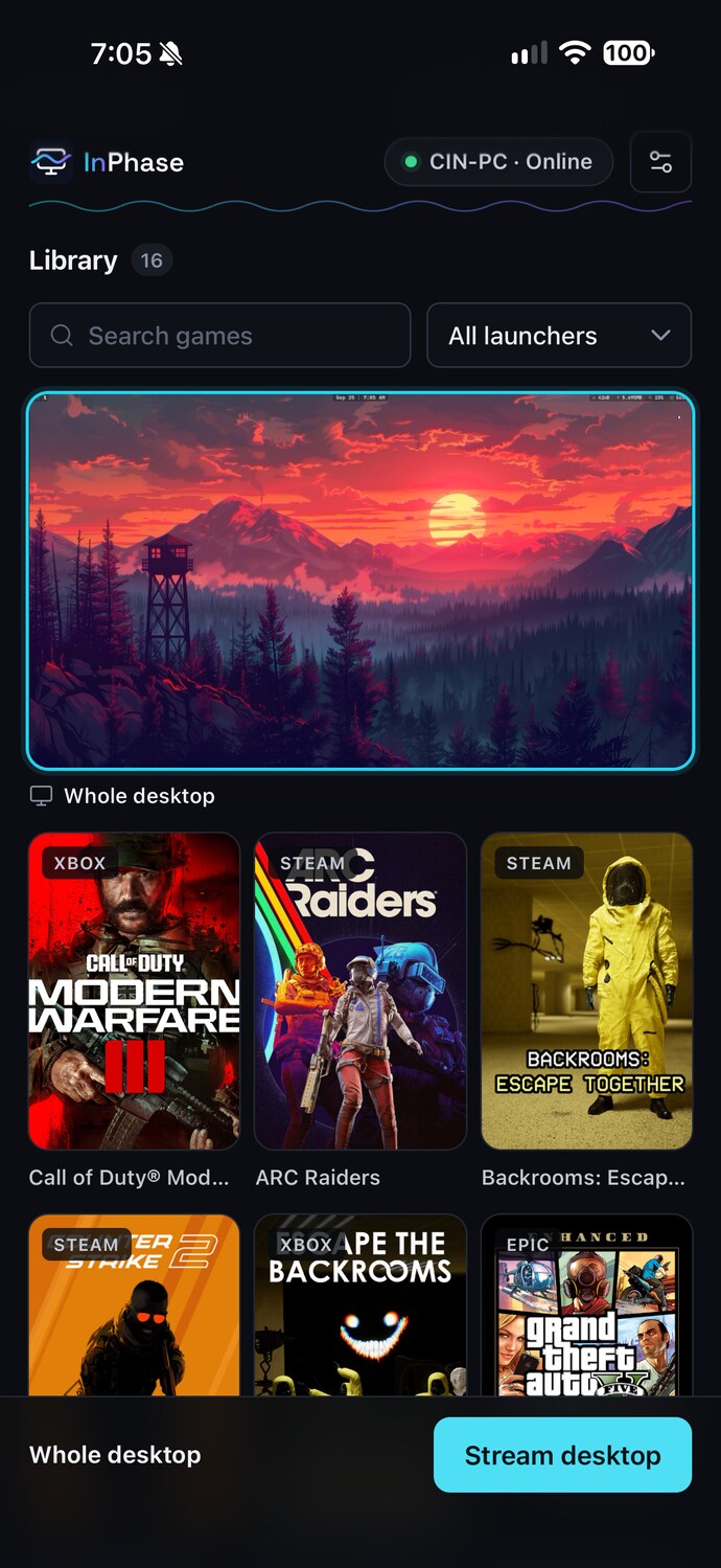 InPhase on an iPhone: the library, with a live view of the PC's desktop above the installed games